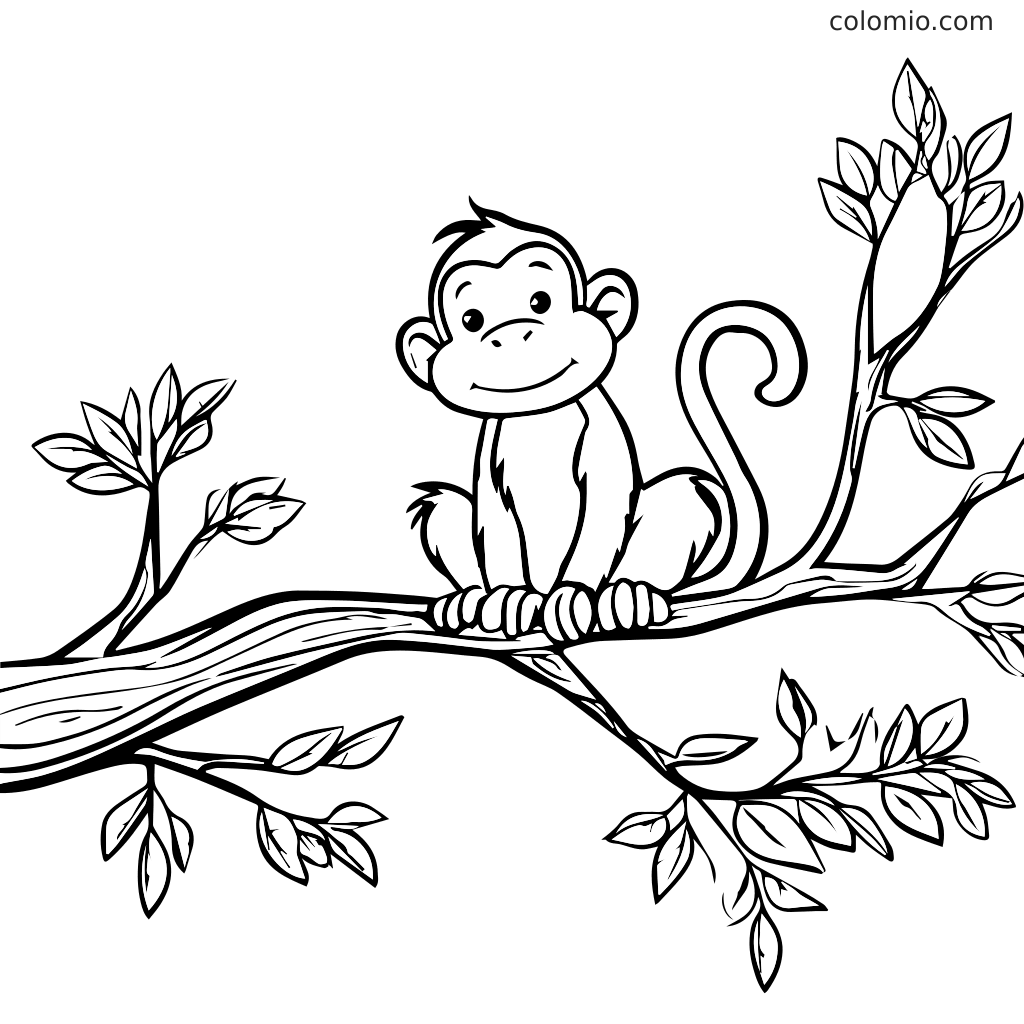 En legesyg abe sidder på en trægren omgivet af blade, designet til farvelægning.