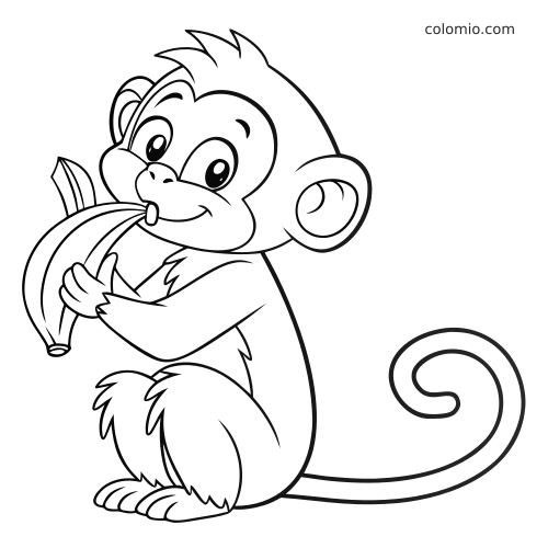 Una scimmietta in stile cartone animato è seduta e abbraccia una banana sbucciata, con coda arricciata e contorni spessi.