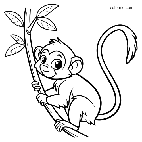 Una piccola scimmia in stile kawaii abbraccia un ramo con foglie, con grandi occhi, pelo soffice e coda arricciata.