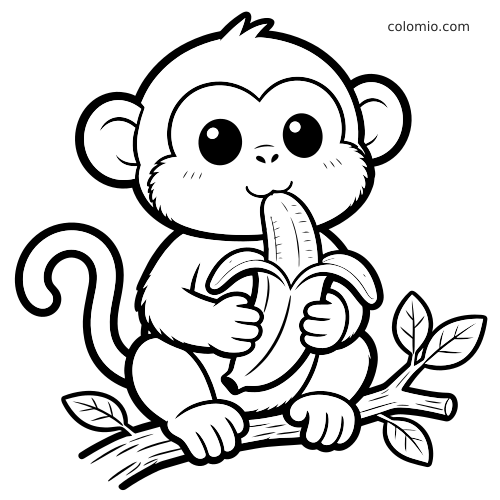 Una scimmietta in stile kawaii con grandi occhi è seduta su un ramo e tiene una banana sbucciata tra le mani.