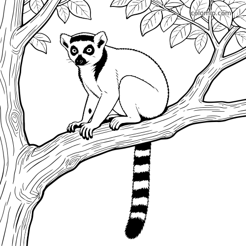 Illustrazione in bianco e nero di un lemure dalla coda ad anelli seduto su un ramo, con foglie e lunga coda a strisce.