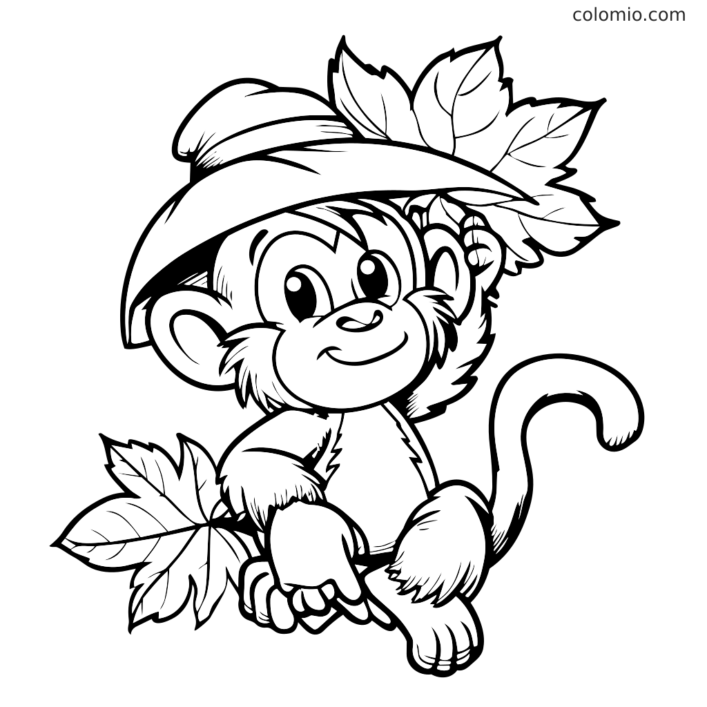 En legesyg abe med hat, der holder blade, perfekt til farvelægning.