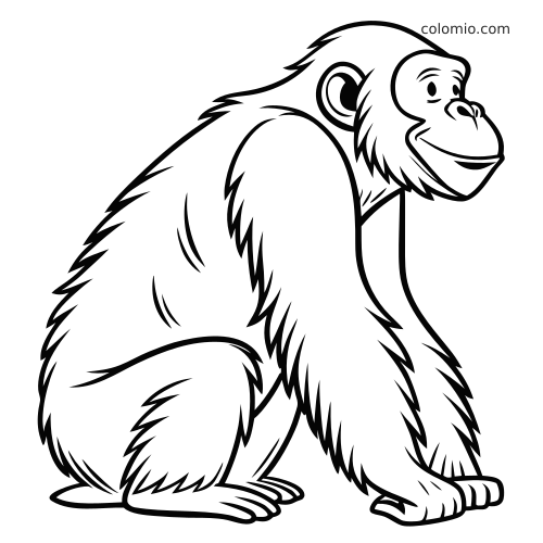 Un orango in stile cartone animato seduto di profilo, con pelo lungo e arruffato, volto sorridente e contorni semplici e marcati.