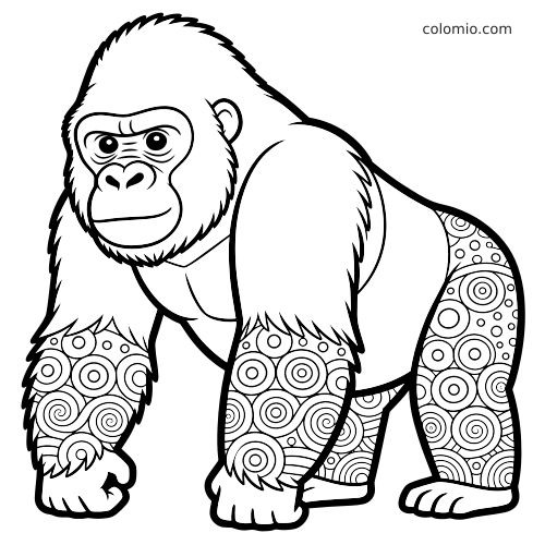 Disegno da colorare in bianco e nero di un gorilla in piedi, visto di lato, con motivi zentangle a spirale su zampe e corpo.