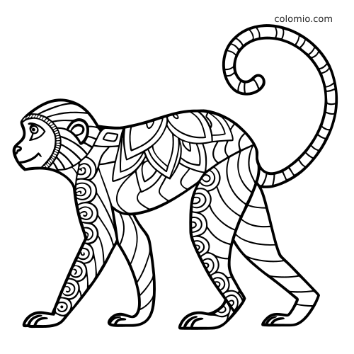 Una scimmia vista di profilo con la coda arricciata, decorata con motivi zentangle marcati e dettagli a linee.