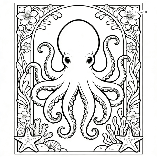 Front-facing octopus in an Art Nouveau frame with sea flowers, starfish, shells, and flowing decorative lines.