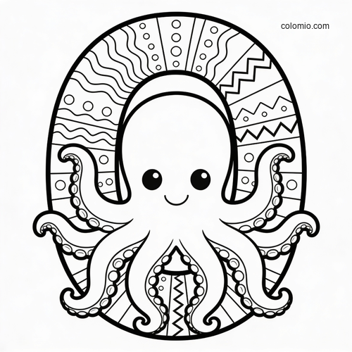 A smiling cute octopus centered inside a large decorative letter O with patterned sections and curling tentacles.