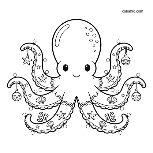A cute smiling octopus underwater with Christmas ornaments hanging from its tentacles, plus stars, shells, and coral.