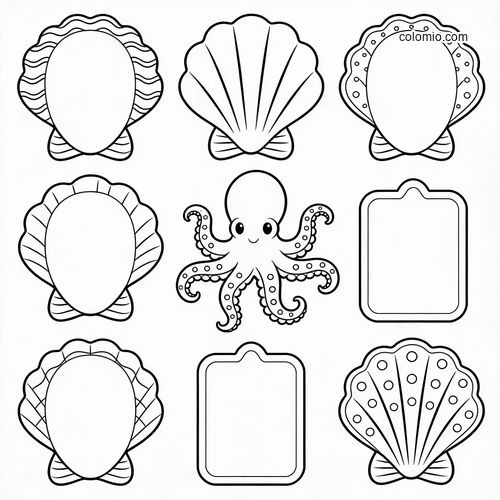 Black-and-white counting worksheet featuring an octopus in the center, eight shell frames, and two blank label cards.