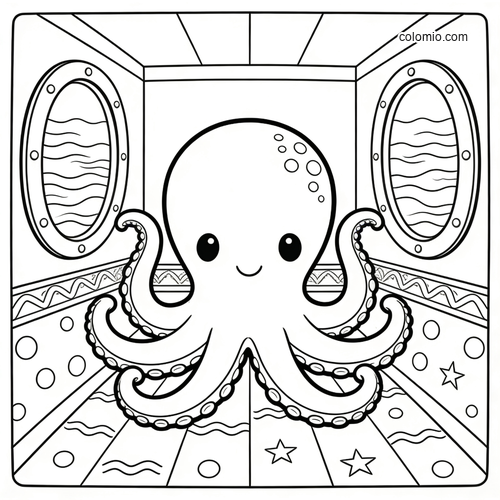 A cute cartoon octopus stands in an underwater room with round porthole windows, bubbles, and simple floor details.