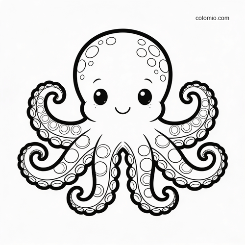 A cute baby octopus portrait with big eyes, a smiling face, and curled tentacles in a simple black-and-white cartoon style.