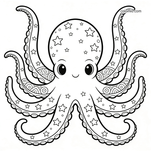 A cute cartoon octopus covered with stars, with large eyes and patterned tentacles in a galaxy-themed line drawing.