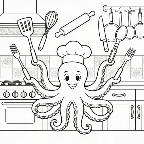 A cute cartoon octopus chef stands in a kitchen, holding cooking tools with its eight arms in a simple black-and-white outline.