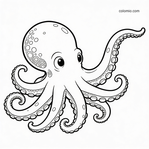 A cute giant Pacific octopus with big eyes and curling reaching tentacles in a simple black-and-white line drawing.