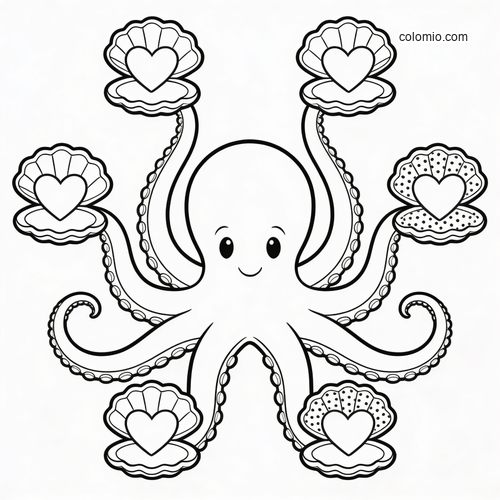 A cute smiling octopus holds six open seashells with heart-shaped pearls in a simple black-and-white line art design.