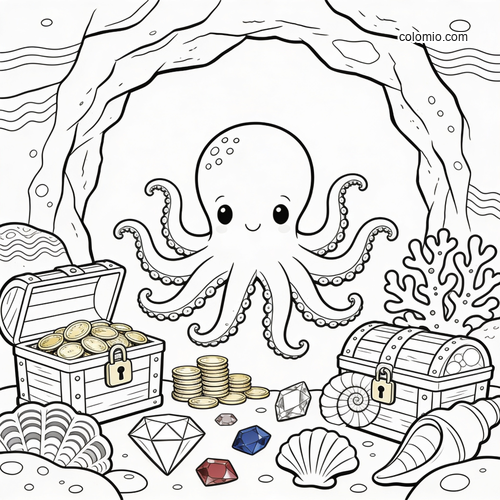 A cute octopus stands in an underwater treasure cave with two chests, coins, gems, shells, and coral in simple line art.