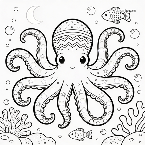 A cute cartoon octopus with patterned head and starry tentacles floats underwater with fish, bubbles, coral, and a crescent moon.