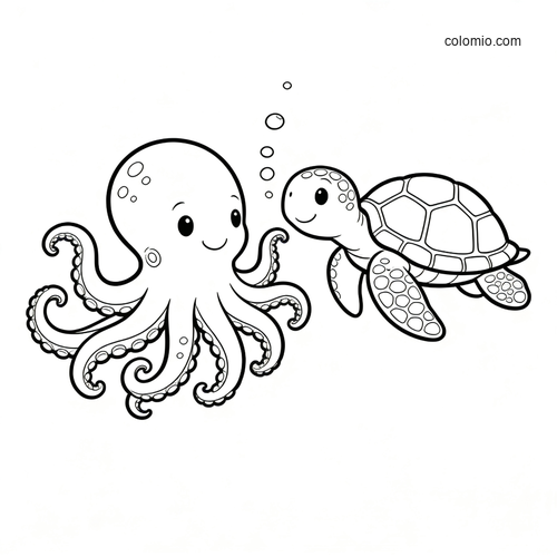 A cute cartoon octopus and sea turtle face each other underwater with bubbles in a simple black-and-white outline.