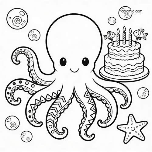 A cute smiling octopus with patterned tentacles beside a birthday cake, bubbles, and a starfish in a simple cartoon style.