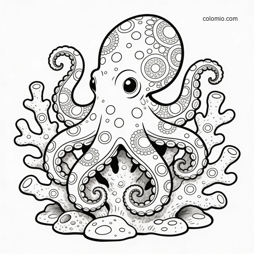 A cute octopus with patterned circles and curled tentacles sits on coral in a black and white coloring page design.