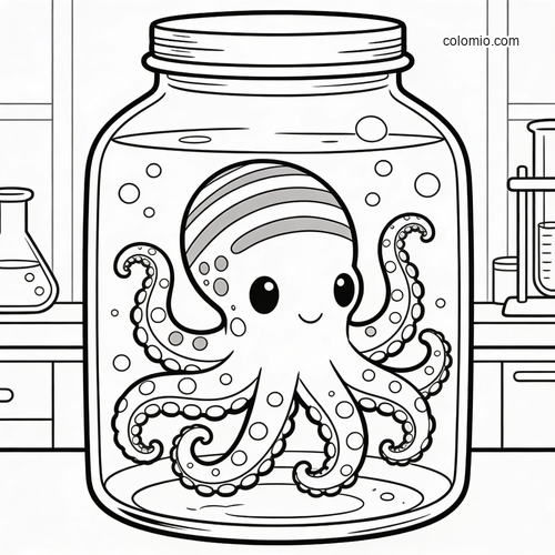 A cute cartoon octopus floating inside a glass jar in a lab, with bubbles and simple science equipment in the background.