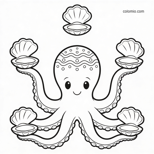 A cute cartoon octopus with a smiling face juggles five open seashells in a simple black-and-white outline.