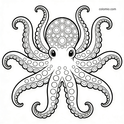 Black-and-white octopus with eight symmetrical curling arms and geometric circular patterns on its head and tentacles.
