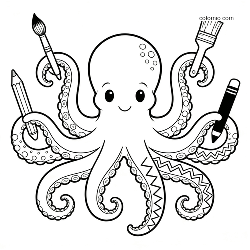 A cute smiling octopus underwater holding a paintbrush, pencil, paintbrush, and marker in a simple cartoon style.