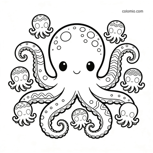 A cute cartoon octopus parent surrounded by several baby octopuses, drawn in simple black-and-white line art.