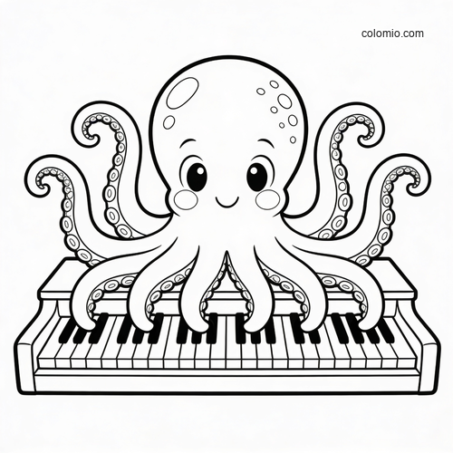 A cute cartoon octopus with big eyes and curling tentacles sits behind a piano keyboard in a simple black and white outline.
