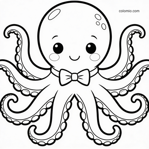 A cute cartoon octopus with a bow tie, smiling face, and curled tentacles in a simple black-and-white outline.