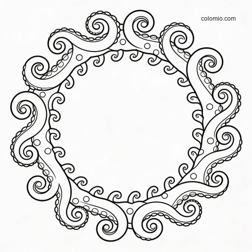 Black-and-white octopus tentacle wreath with curling arms forming a circular quote frame and decorative suction cups.