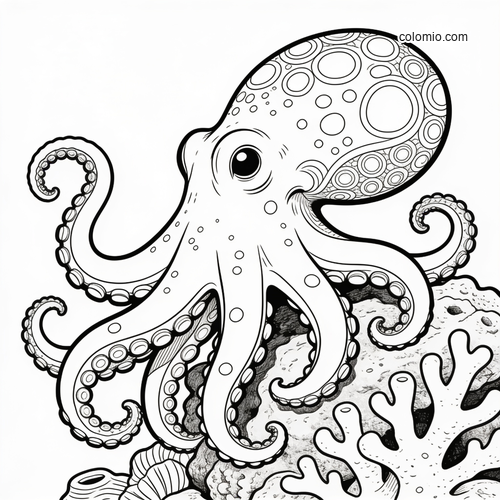 A realistic octopus with detailed suckers and patterned head resting among coral on a reef in black and white line art.