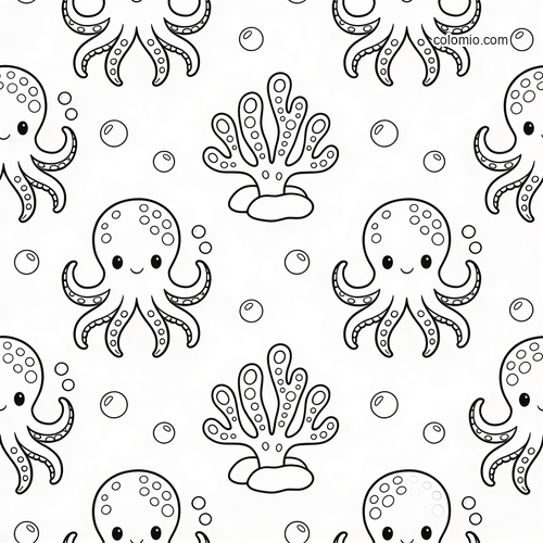 Black-and-white repeat pattern with cute smiling octopuses, coral shapes, and bubbles in a simple cartoon style.