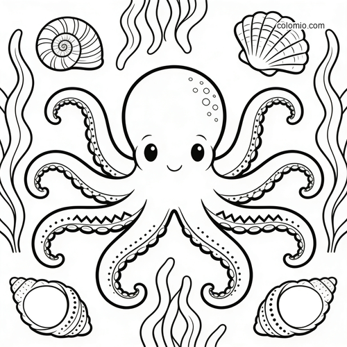 A simple smiling octopus surrounded by seaweed and seashells in a clean black-and-white line art style.