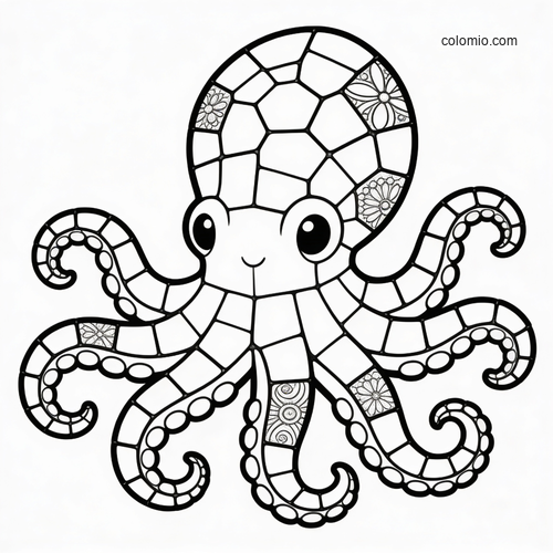 A cute octopus with big eyes and curled tentacles drawn in a stained glass mosaic style with bold outlined sections.