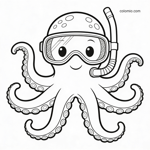 A cute cartoon octopus wearing large snorkel goggles and a snorkel tube, shown front-facing with eight curled tentacles.