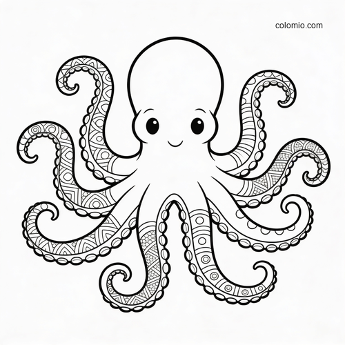 A cute octopus with large eyes and patterned zentangle tentacles curling outward in a clean black and white outline.