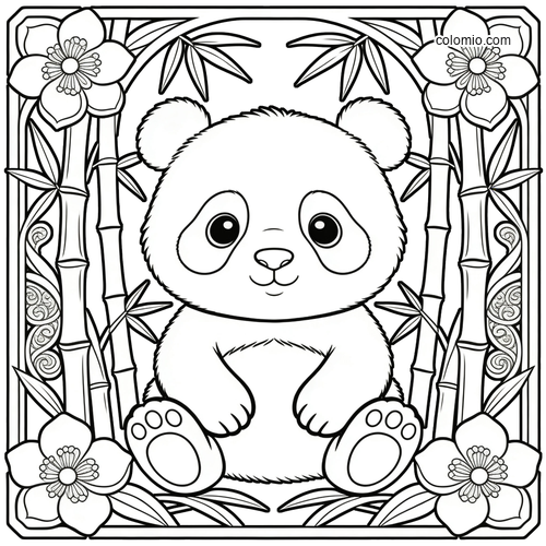 En elegant panda i jugendstil innrammet av svungne bambus- og blomsterlinjer.