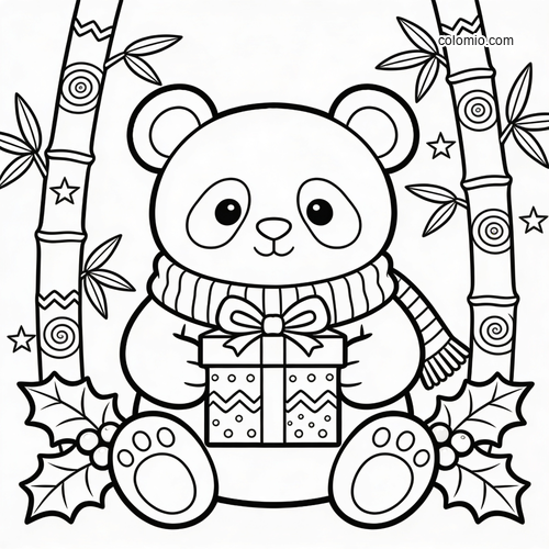 En festlig panda pakker opp gaver ved siden av et pyntet juletre.