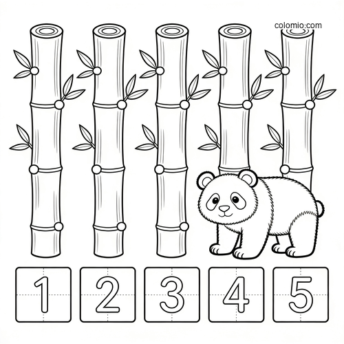 Tell de fem bambusstenglene med en liten panda og fargelegg tallene.