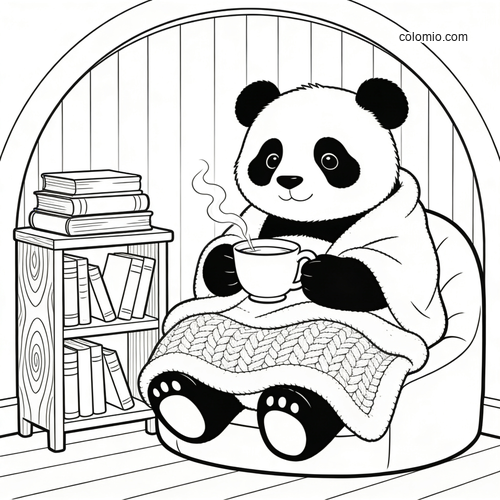 En avslappet panda leser en bok i en koselig krok med puter og lampe.