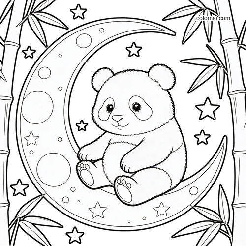 En drømmende panda svever på en månesigd blant glitrende stjerner.