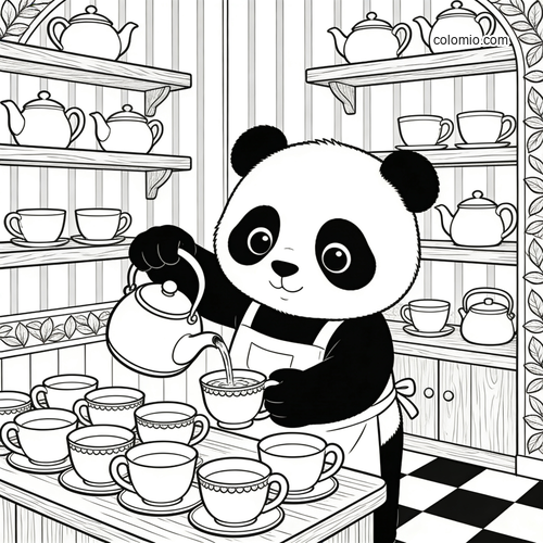 En blid panda serverer te bak disken i den lille tebutikken sin.