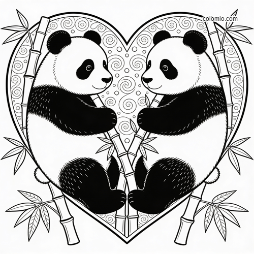 To pandaer sitter side om side omgitt av en ramme av hjerter.
