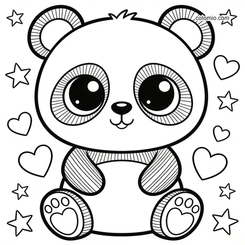 En lubben panda i kawaii-stil omgitt av svevende hjerter.
