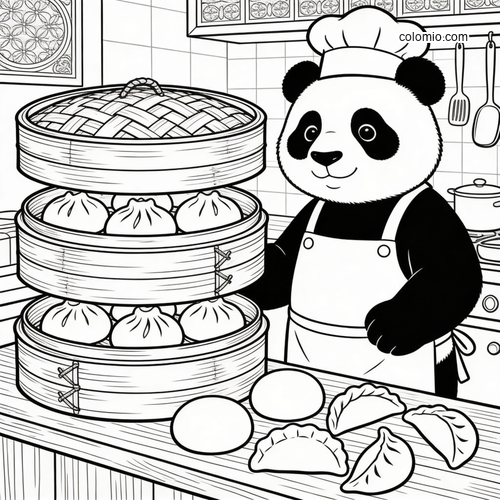 En pandakokk med høy lue lager dimsum på et dampende kjøkken.