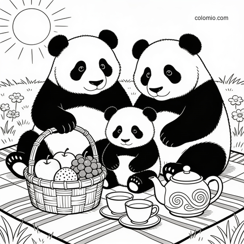 En glad pandafamilie koser seg på piknik med bambussnacks på et teppe.