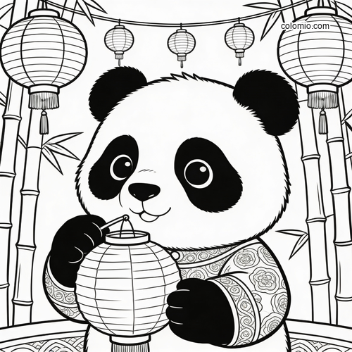 En panda feirer blant glødende papirlykter.