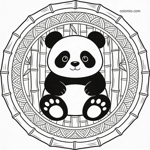 En søt panda sitter i midten av et rundt bambusmandala-mønster.
